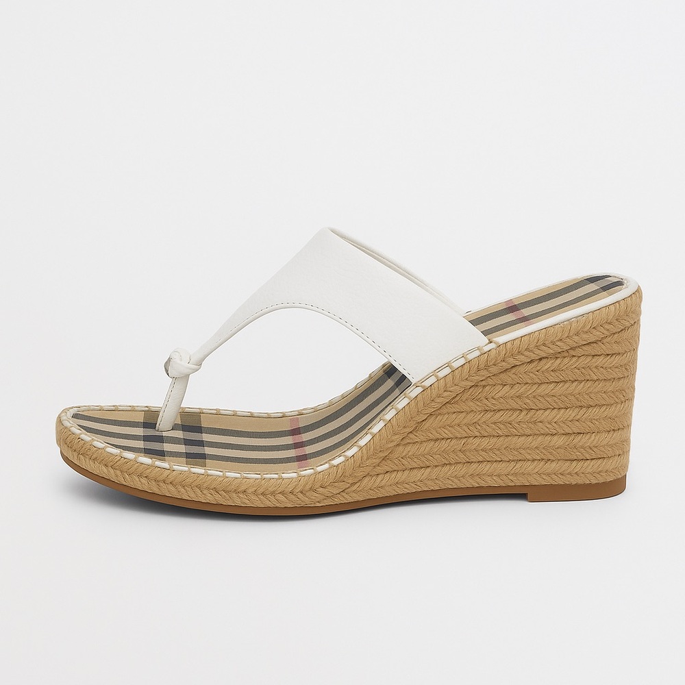 [Burberry] White Leather Nova Check Thong Espadrille Sandals